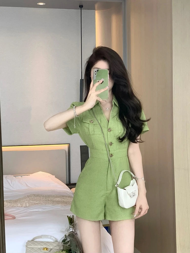 Summer New Women Turn Down Collar Short Jumpsuits Female Solid Color Loose Shorts Ladies Short Sleeve Wide Leg Rompers