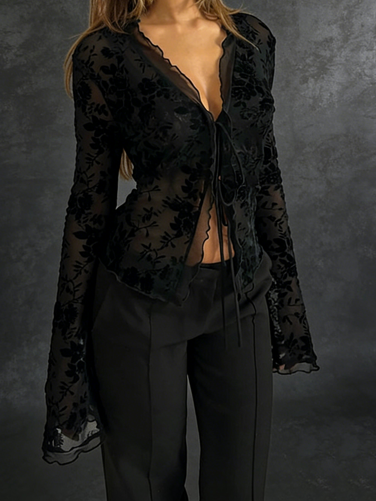 New Fashionable Chiffon Slim Fit Ruffle Trumpet Sleeve Shirt for Women