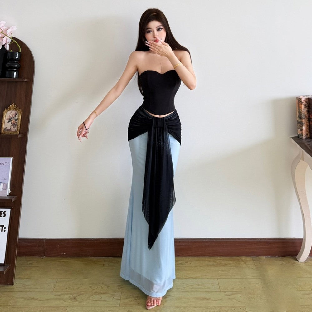 Ruched Elegant 2 Piece Set Woman Sexy Wrap Chest Backless Tube Tops+Contrast Color Patchwork Ribbon Long Skirts Outfits