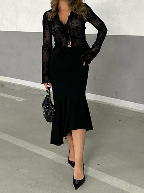 New Fashionable Chiffon Slim Fit Ruffle Trumpet Sleeve Shirt for Women