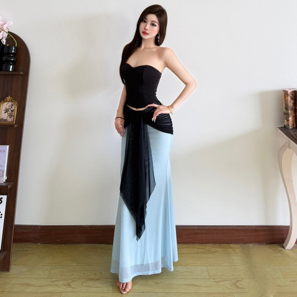 Ruched Elegant 2 Piece Set Woman Sexy Wrap Chest Backless Tube Tops+Contrast Color Patchwork Ribbon Long Skirts Outfits