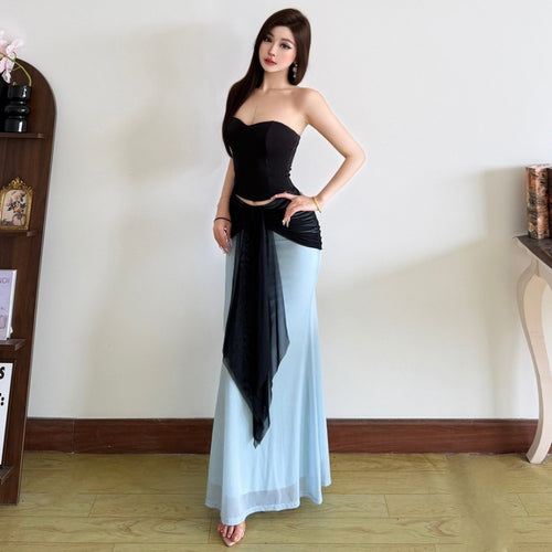 Ruched Elegant 2 Piece Set Woman Sexy Wrap Chest Backless Tube Tops+Contrast Color Patchwork Ribbon Long Skirts Outfits