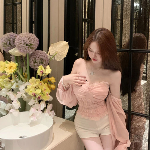 French Lace Shirt Women's New Spring Acetate Satin Premium Design Sense Short Long Sleeve Slim Top Korean Pink Lady Sweet Blouse