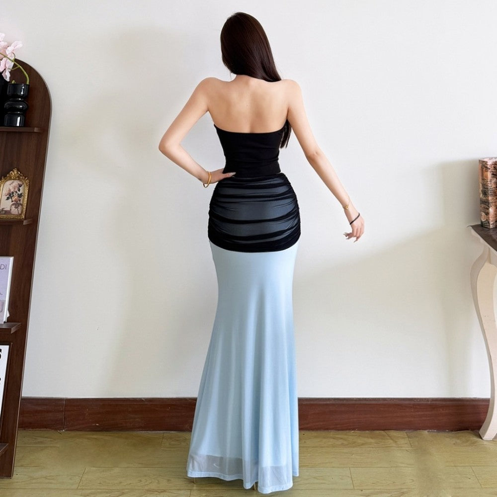 Ruched Elegant 2 Piece Set Woman Sexy Wrap Chest Backless Tube Tops+Contrast Color Patchwork Ribbon Long Skirts Outfits
