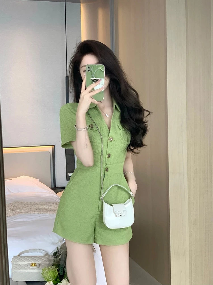 Summer New Women Turn Down Collar Short Jumpsuits Female Solid Color Loose Shorts Ladies Short Sleeve Wide Leg Rompers