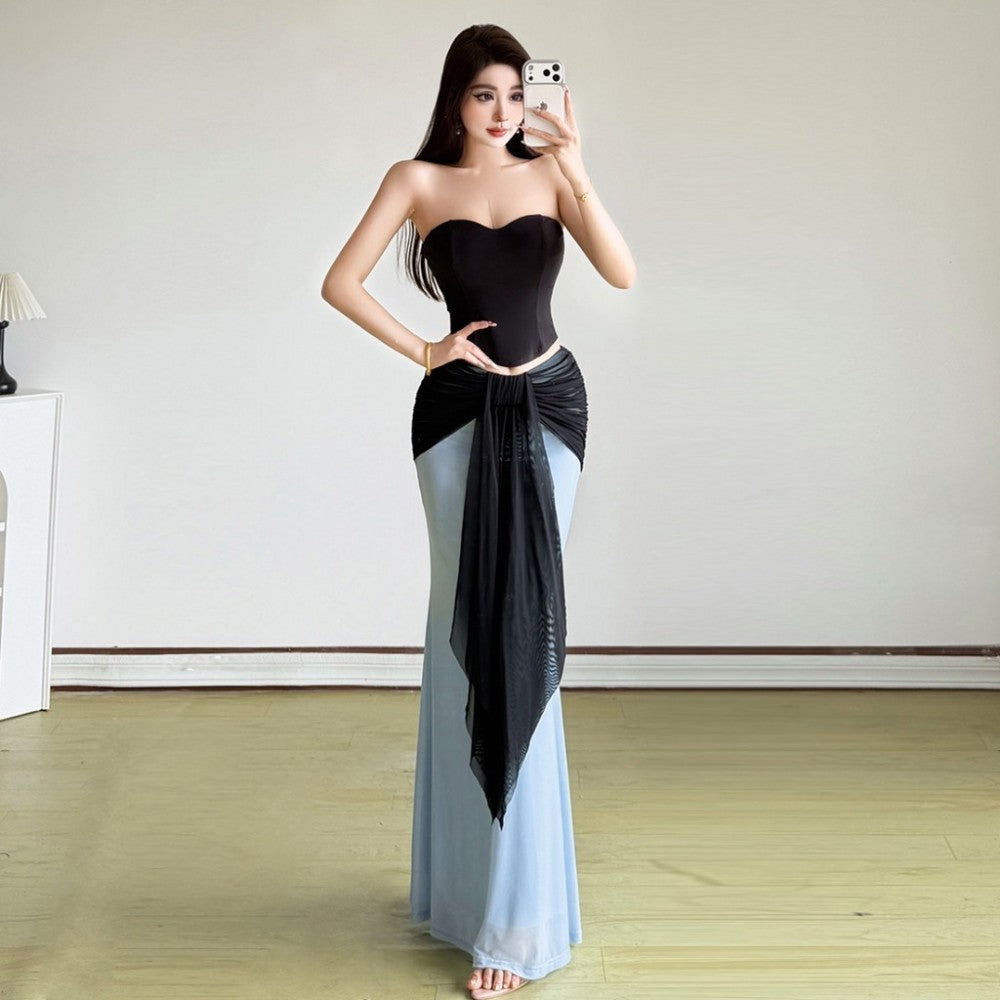 Ruched Elegant 2 Piece Set Woman Sexy Wrap Chest Backless Tube Tops+Contrast Color Patchwork Ribbon Long Skirts Outfits