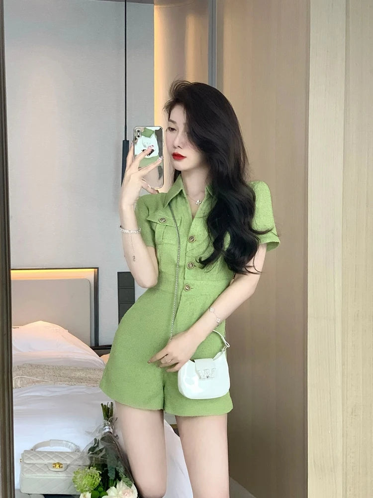 Summer New Women Turn Down Collar Short Jumpsuits Female Solid Color Loose Shorts Ladies Short Sleeve Wide Leg Rompers